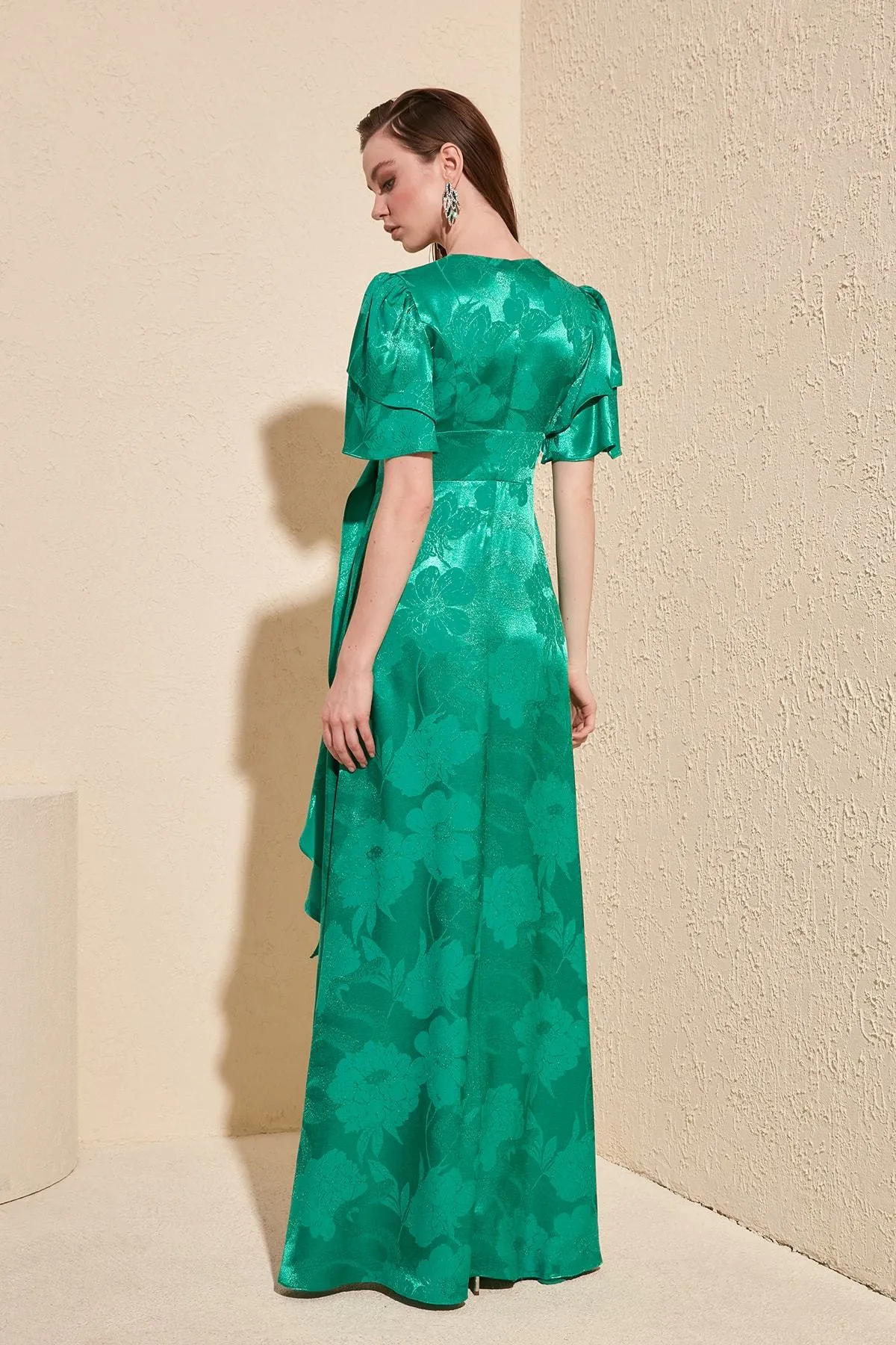 16433 Green Self Patterned Floral Dress