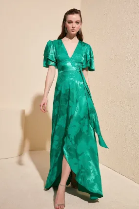 16433 Green Self Patterned Floral Dress