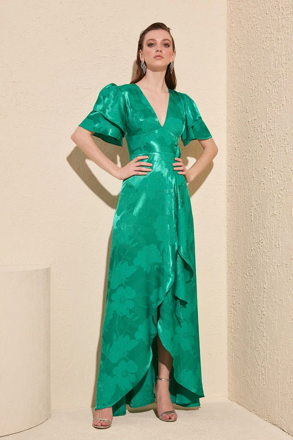 16433 Green Self Patterned Floral Dress