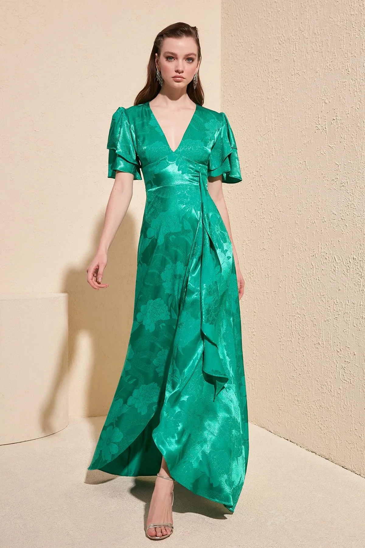 16433 Green Self Patterned Floral Dress