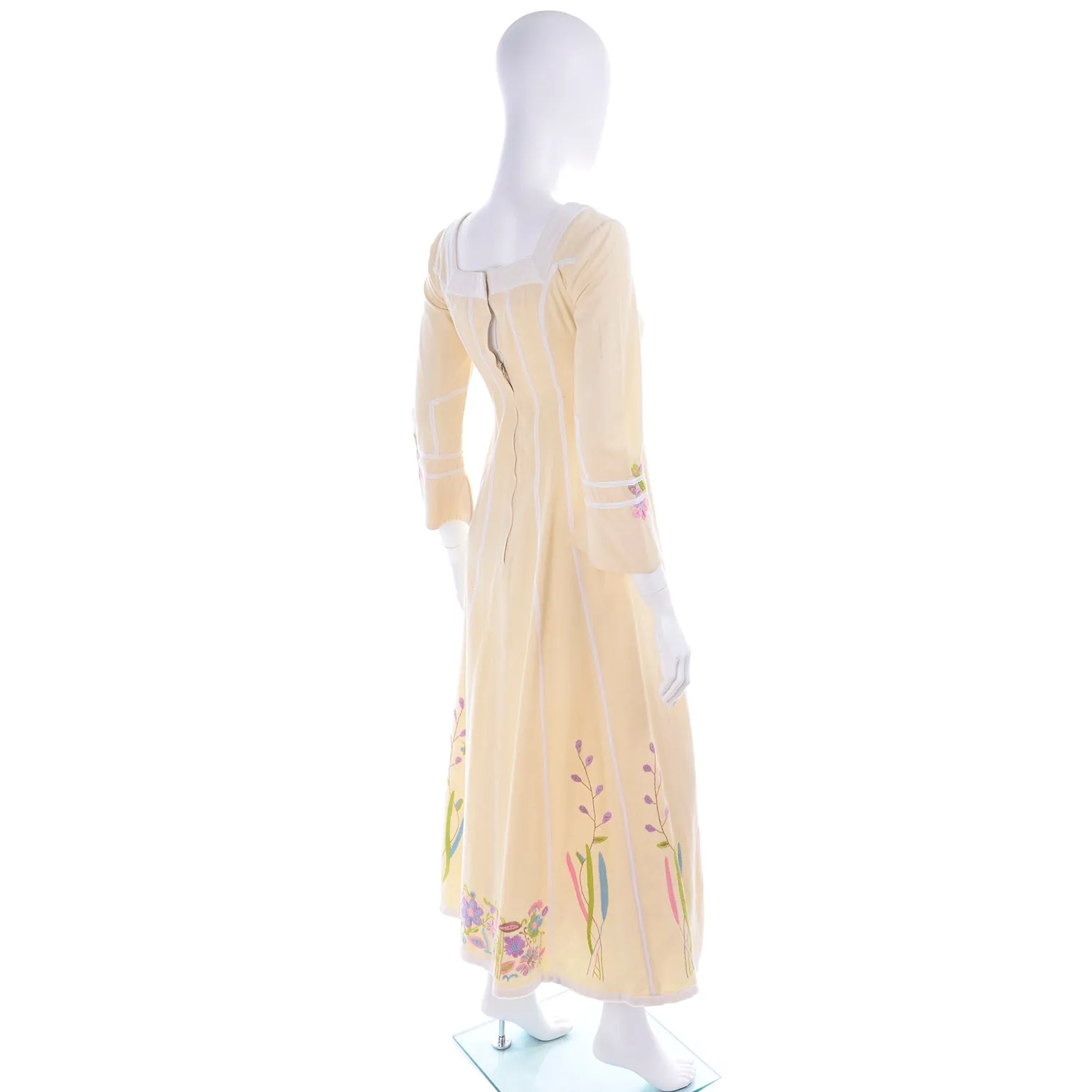 1970s Josefa Cream Cotton Long Embroidered Vintage Dress