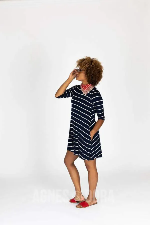 3/4 Sleeve Navy Ivory Stripe Sway Dress