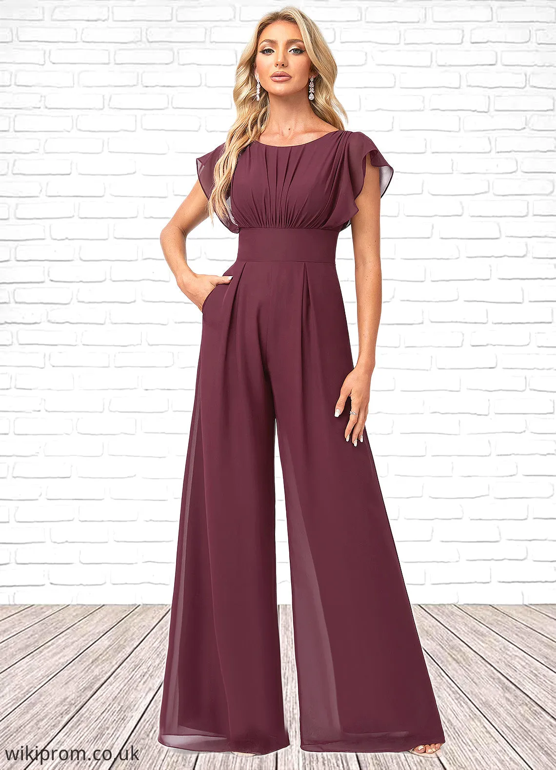 Alina Jumpsuit/Pantsuit Scoop Floor-Length Chiffon Bridesmaid Dress With Ruffle SWKP0022610
