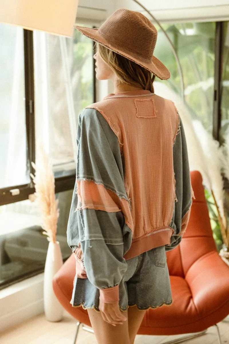 Apricot Mineral Washed and Sage Denim Mixed Media Pullover with Pockets