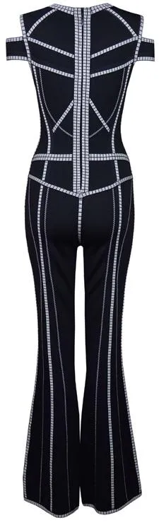 Black Paneled Cold-Shoulder Stretch Jumpsuit