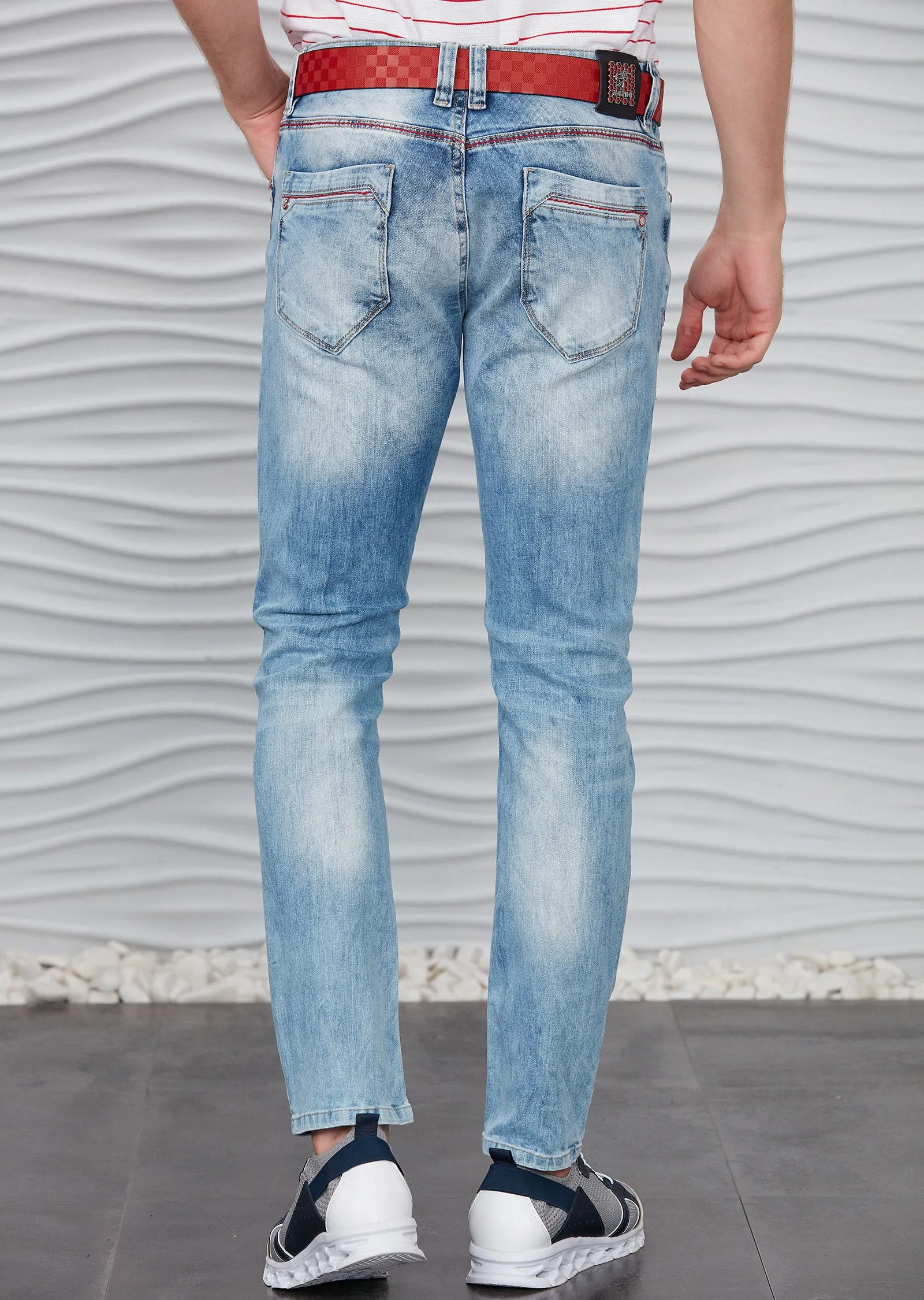 Blue Red Stitches Detailed Jeans