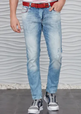 Blue Red Stitches Detailed Jeans
