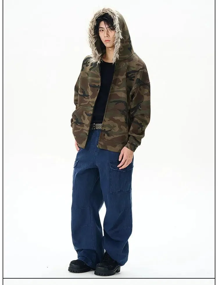 Camo Fur Collar Zip-Up Hoodie
