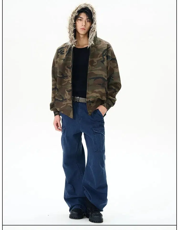 Camo Fur Collar Zip-Up Hoodie