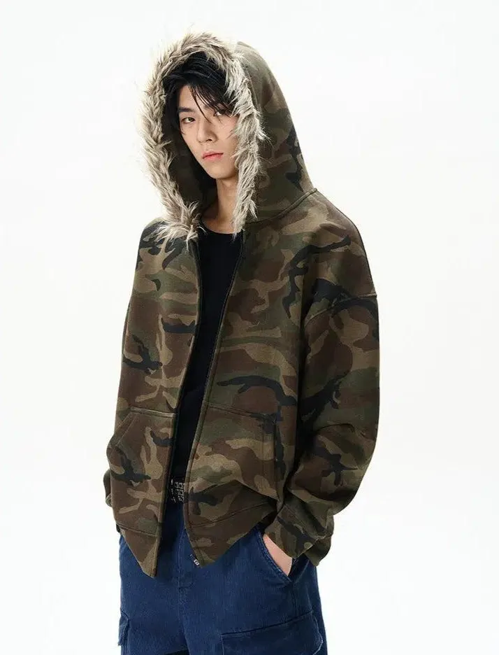 Camo Fur Collar Zip-Up Hoodie