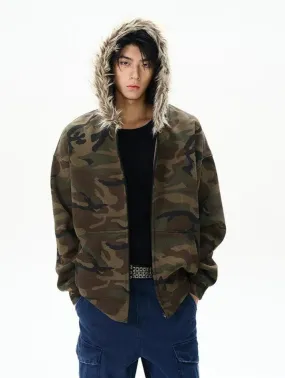 Camo Fur Collar Zip-Up Hoodie