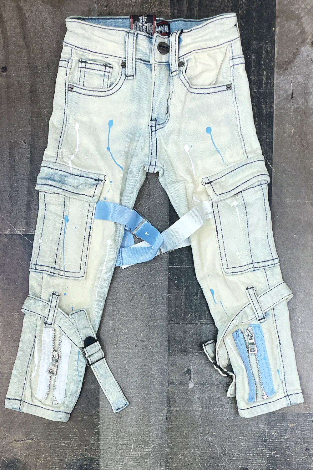 DENIMiCITY-  tactical denim jeans baby blue/ white straps (kids)