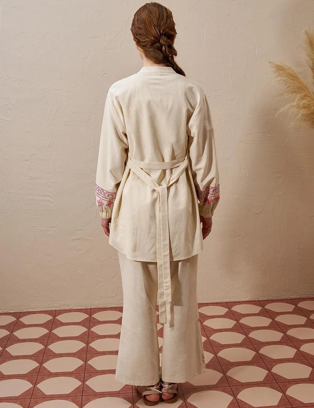 Embroidered Linen Double Suit Cream