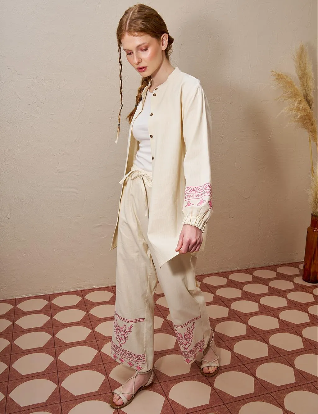 Embroidered Linen Double Suit Cream