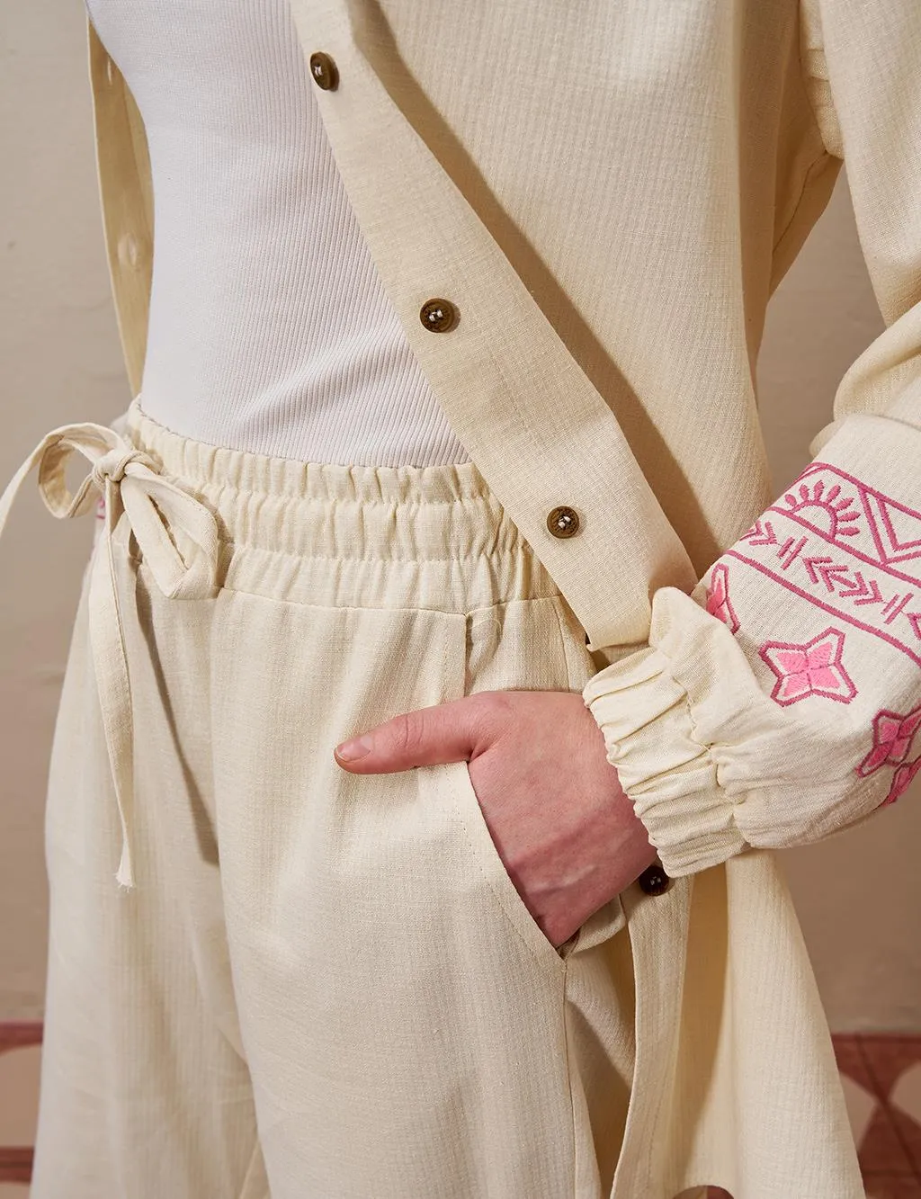 Embroidered Linen Double Suit Cream