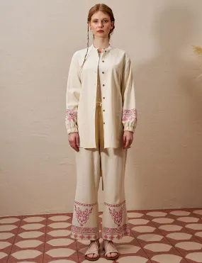 Embroidered Linen Double Suit Cream