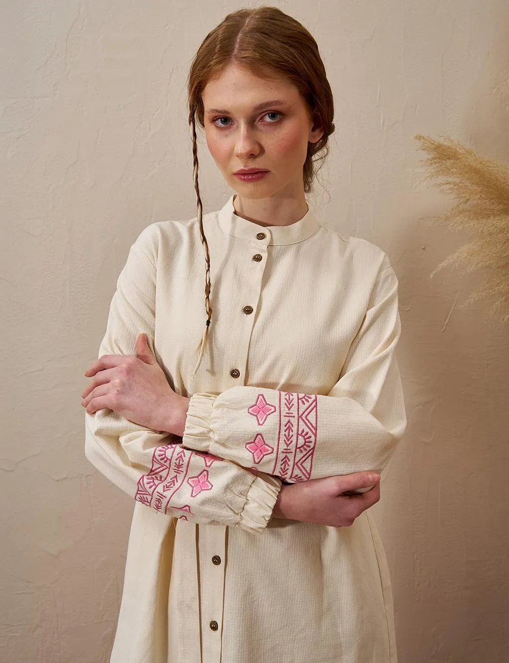 Embroidered Linen Double Suit Cream