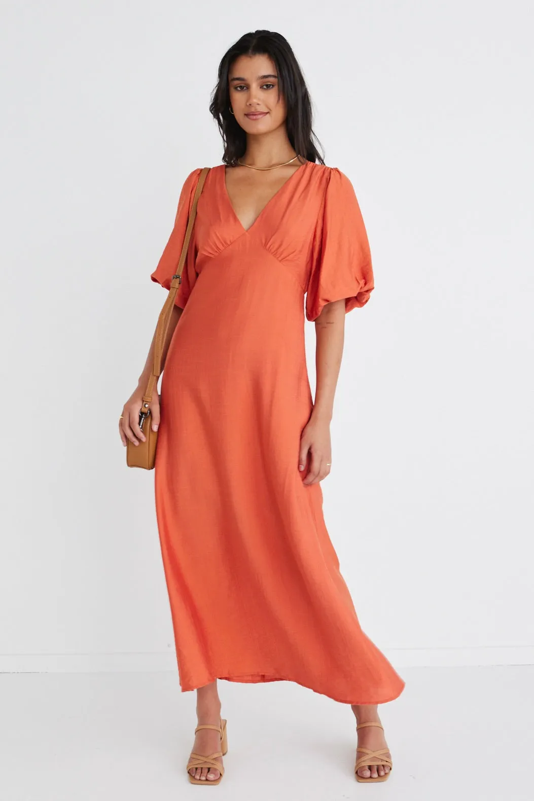 Empire Persimmon Puff Sleeve Midi Dress