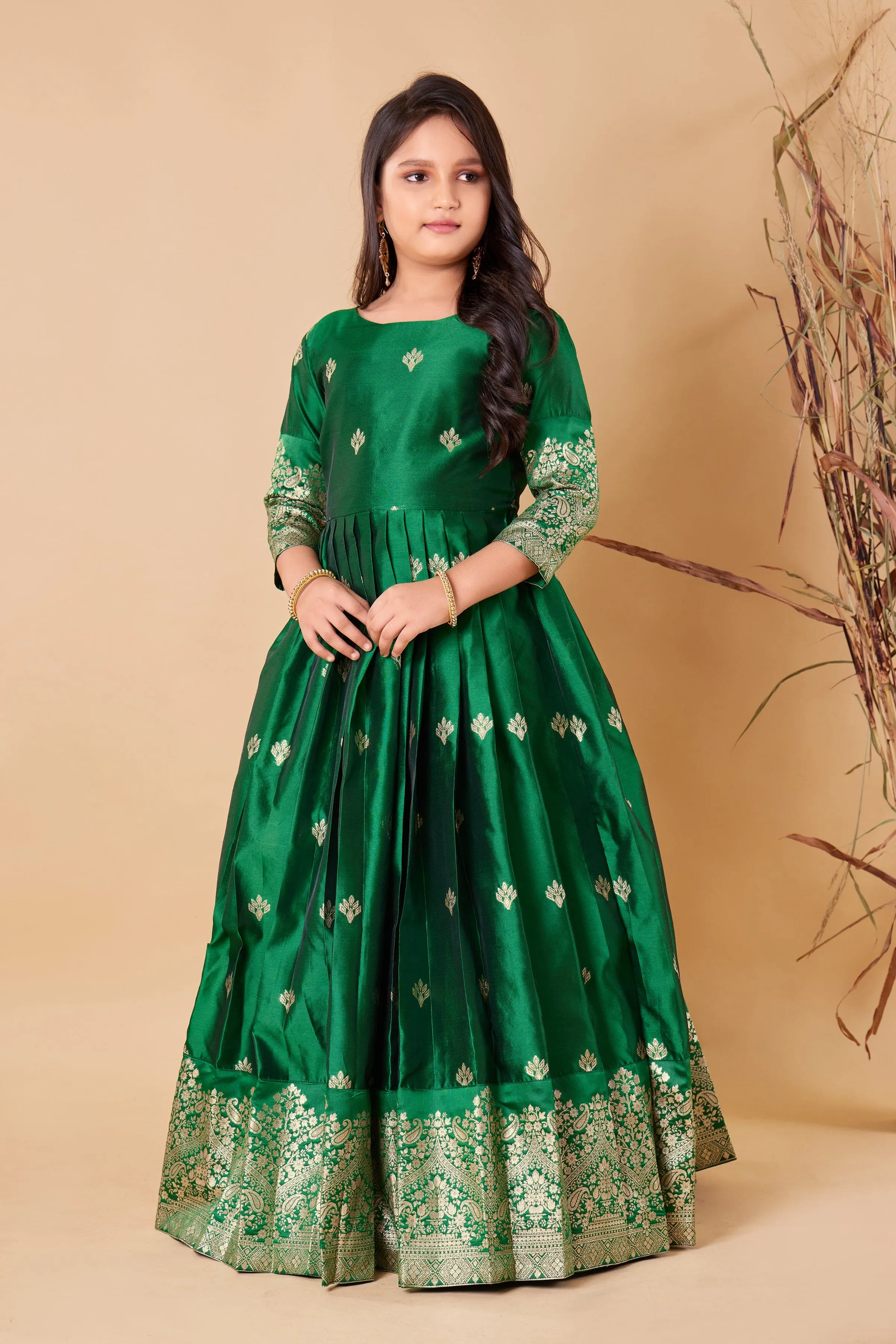Girls Maxi Length Flared Green Gown Dress Kids
