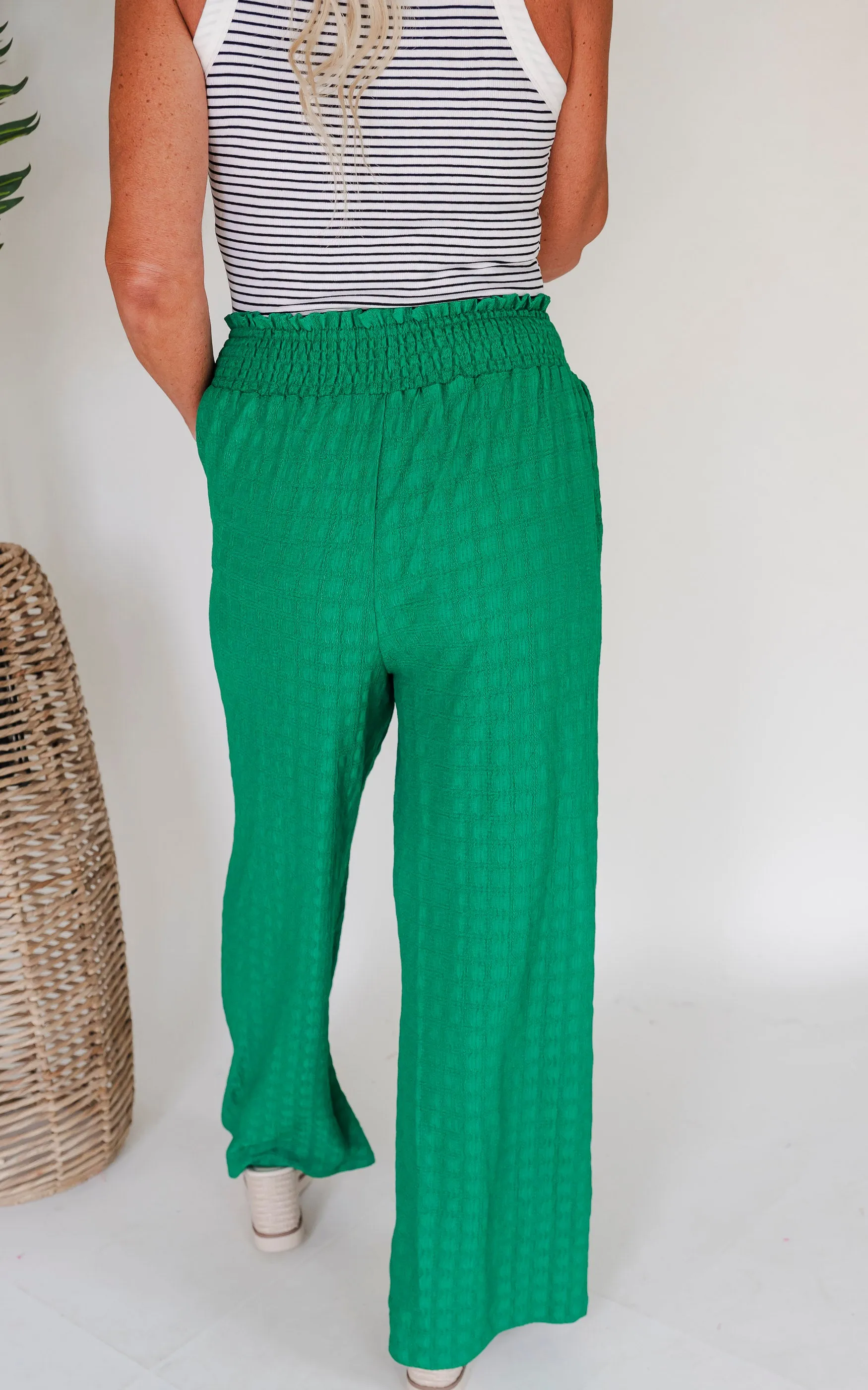 Kelly Green Textured Loose Pants w/ Pockets - Final Sale