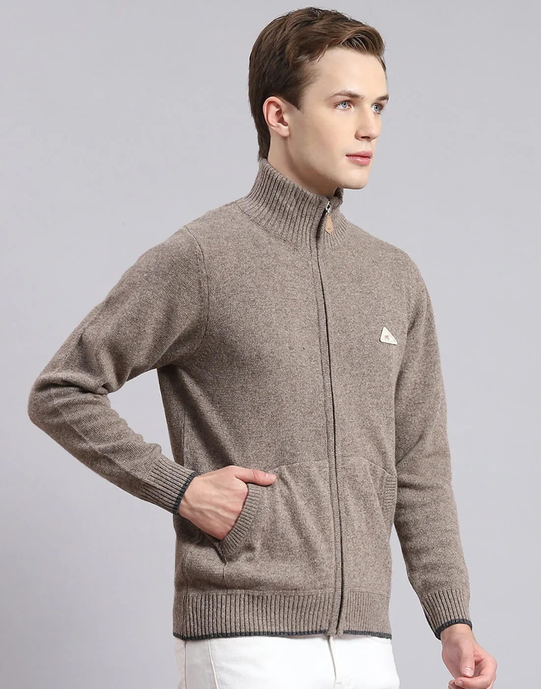 Men Brown Solid Stand Collar Full Sleeve Sweater