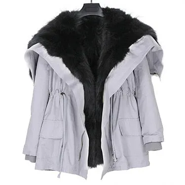 Natural Raccoon Fur Collar Hooded Rex Rabbit Fur Fox Fur Liner Loose Black Parka