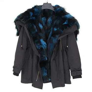 Natural Raccoon Fur Collar Hooded Rex Rabbit Fur Fox Fur Liner Loose Black Parka