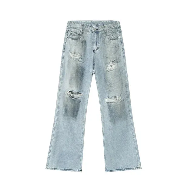 Ripped Loose Fit Washed Denim Jeans