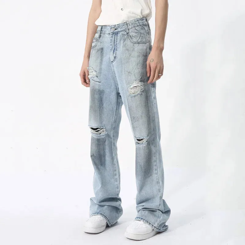 Ripped Loose Fit Washed Denim Jeans
