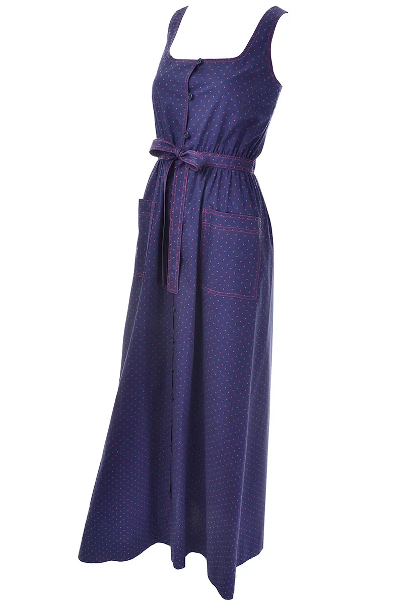 Vintage Albert Nipon Navy Blue & Red Polka Dot Dress w Kerchief Scarf