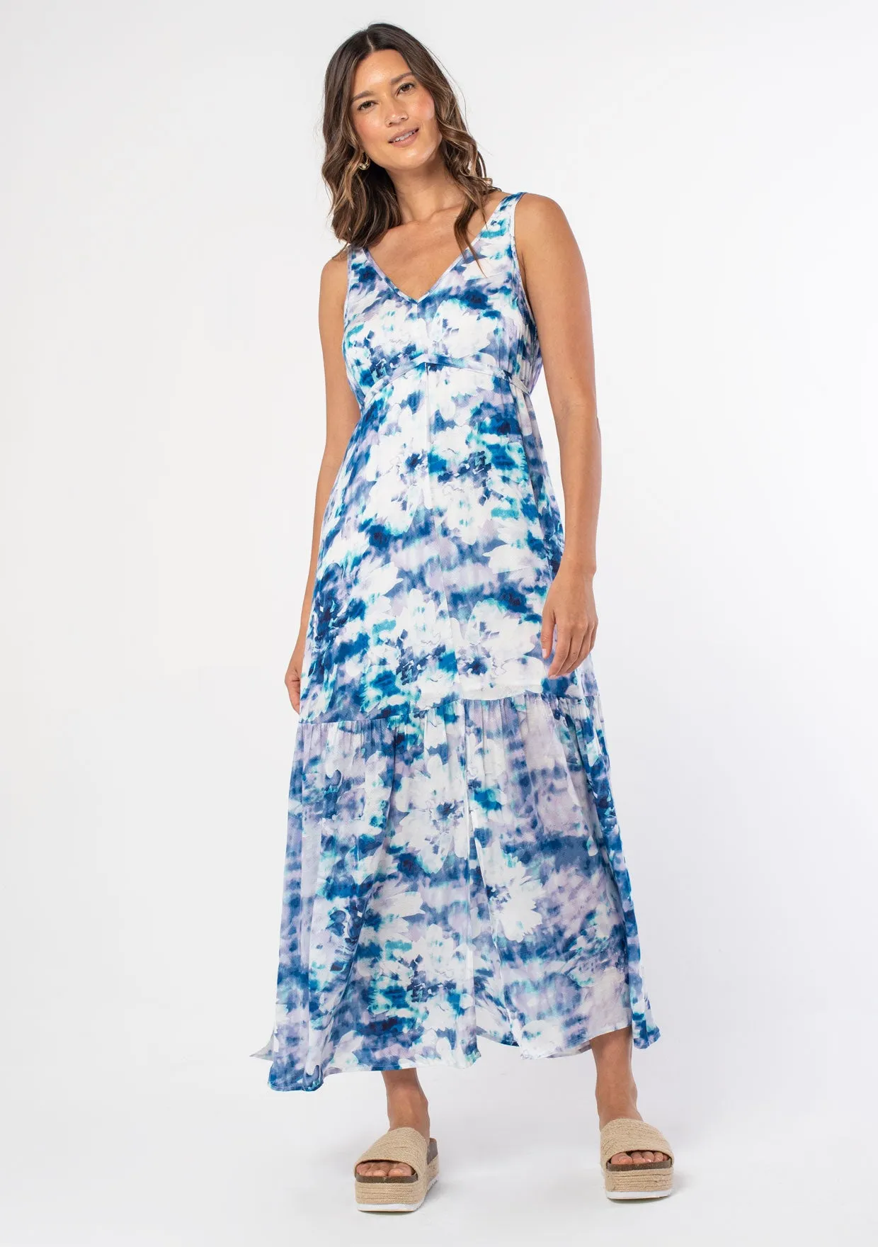 Watercolor V Neck Belted Tank Maxi Dress