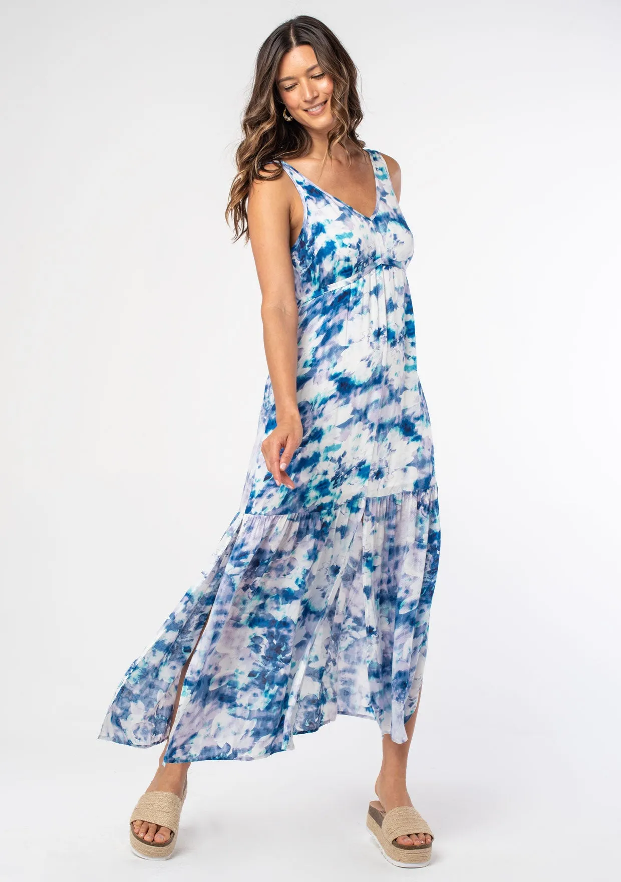 Watercolor V Neck Belted Tank Maxi Dress