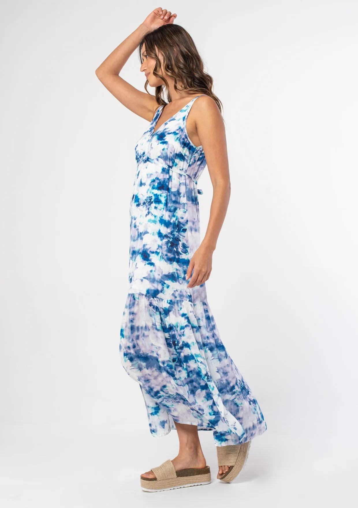 Watercolor V Neck Belted Tank Maxi Dress
