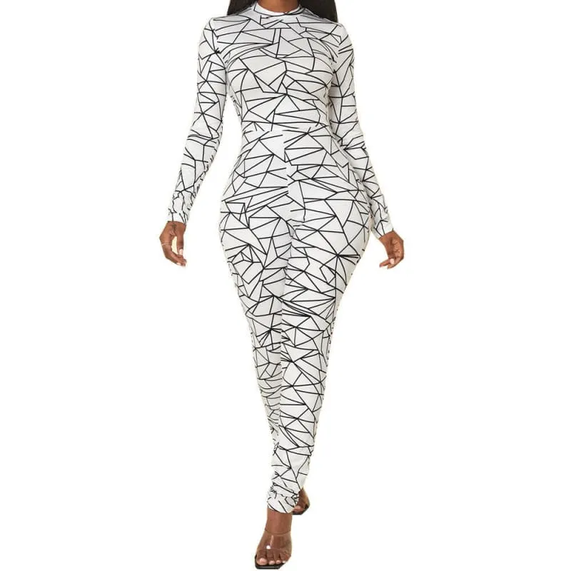 White Geometric Pattern High Waist Jumpsuit with Round Neck Leopard Print