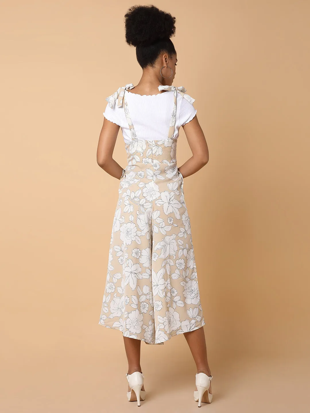 Women Printed Beige Capri Jumpsuit